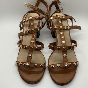 Strappy gold studded brown sandal heels
